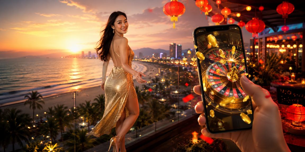 Người dùng trên bãi biển Đà Nẵng kiểm tra giải thưởng cá cược qua điện thoại di động