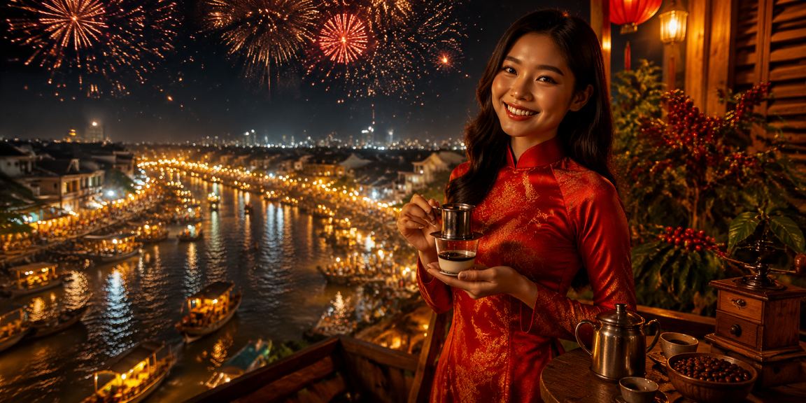Người đàn ông Việt Nam uống cà phê sáng bên sông Mekong trong khi xem thông tin cá cược trực tuyến