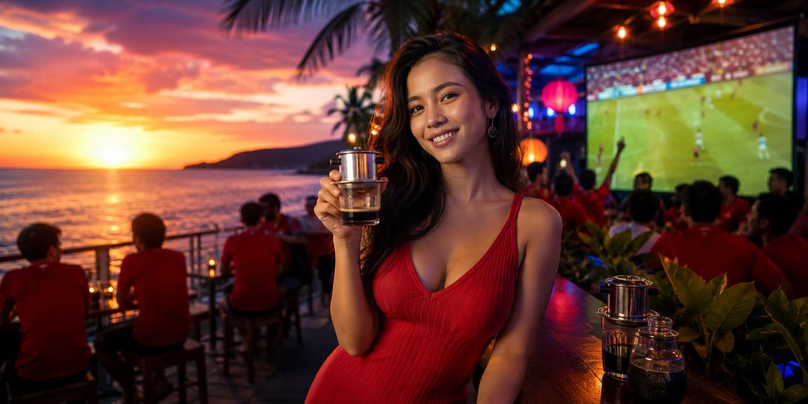Người dùng Phú Quốc xem bóng đá và theo dõi cá cược tại quán cà phê buổi tối